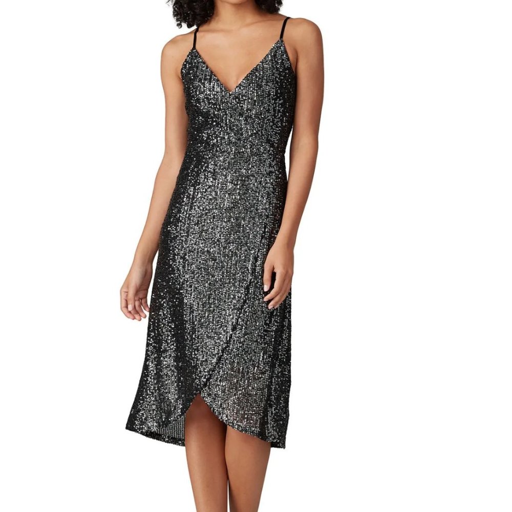 Nwt Cupcakes & Cashmere Joelle Faux Wrap Sequin Dress Black/Silver Size Small